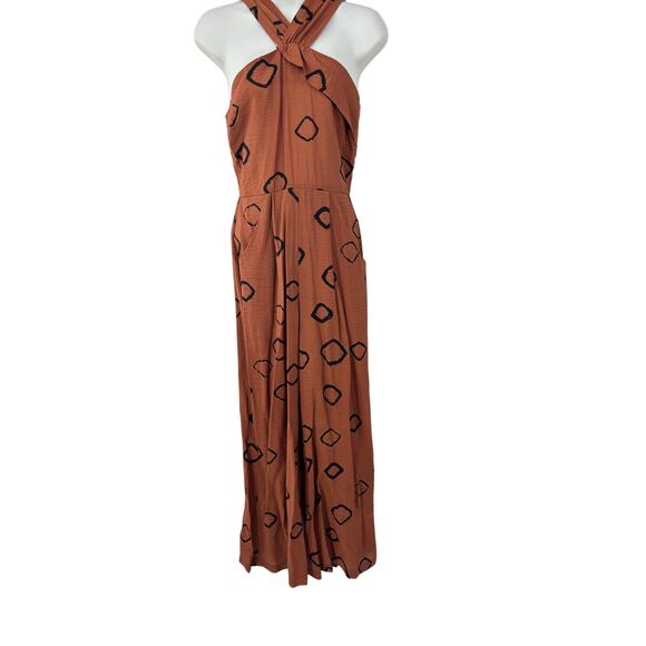 New Eva Franco Jumpsuit Anthropologie Tan Brown Geometric - Picture 11 of 12